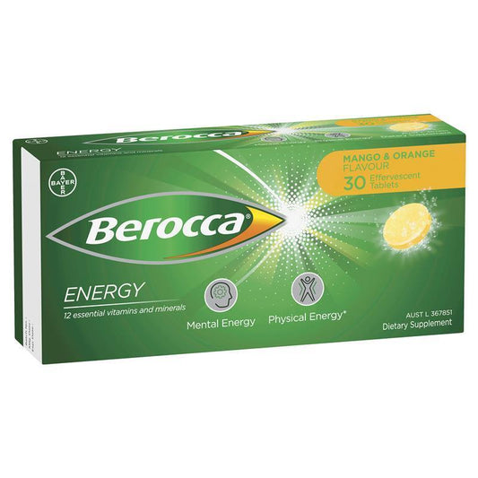 Berocca Energy Mango and Orange 30 Effervescent Tablets - Natural Energy Boost
