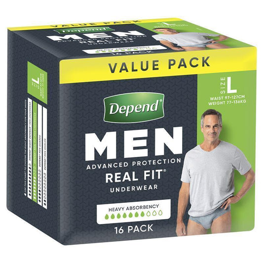 Depend Real Fit Men’s Disposable Underwear Large 16 Pack – 12H Leak Protection