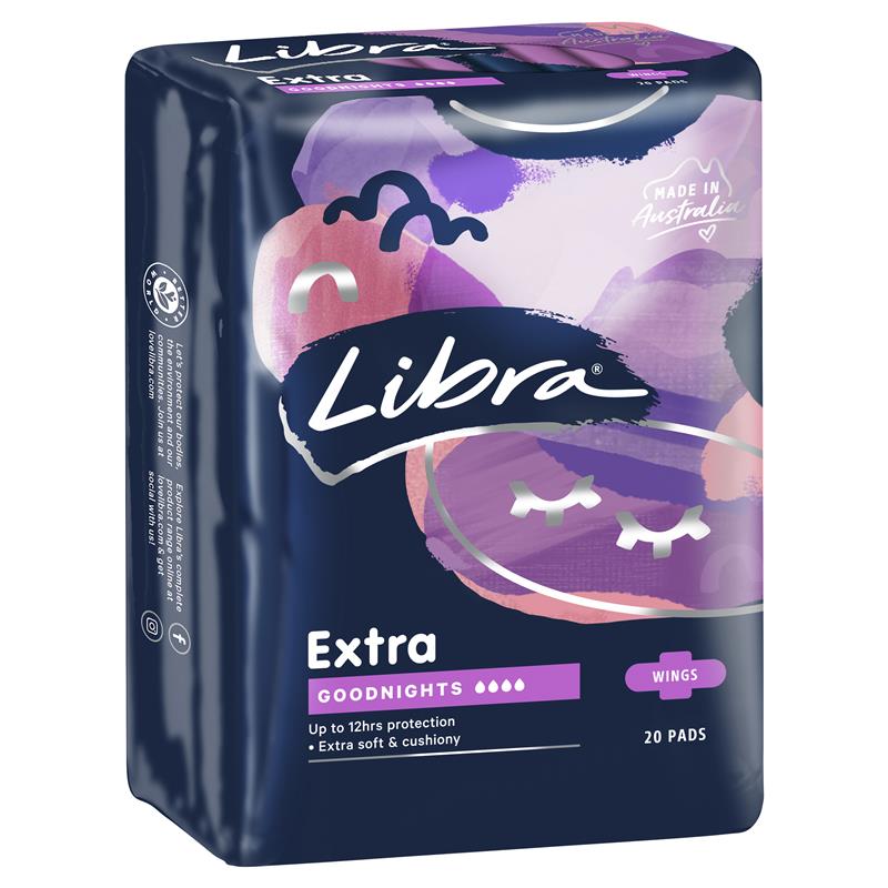 Libra Extra Goodnight Pads with Wings, 20 Pads, 12Hr Protection, BodyFit Shape