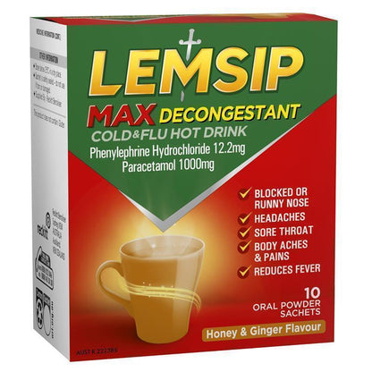 Lemsip Max Cold & Flu Hot Drink with Decongestant - Honey and Ginger (10 Sachets)