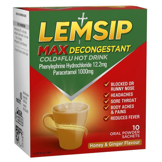 Lemsip Max Cold & Flu Hot Drink with Decongestant - Honey and Ginger (10 Sachets)