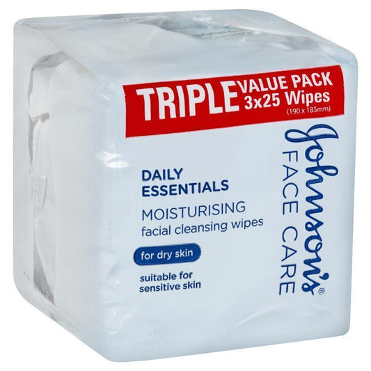 Johnson's Face Care Moisturising Facial Cleansing Wipes For Dry Skin 3 x 25 Pack - Gentle Cleansing for Sensitive Skin-Auzzi Store