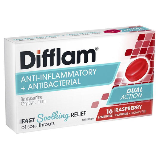 Difflam Sore Throat Sugar-Free Raspberry Lozenges - 16 Count-Auzzi Store