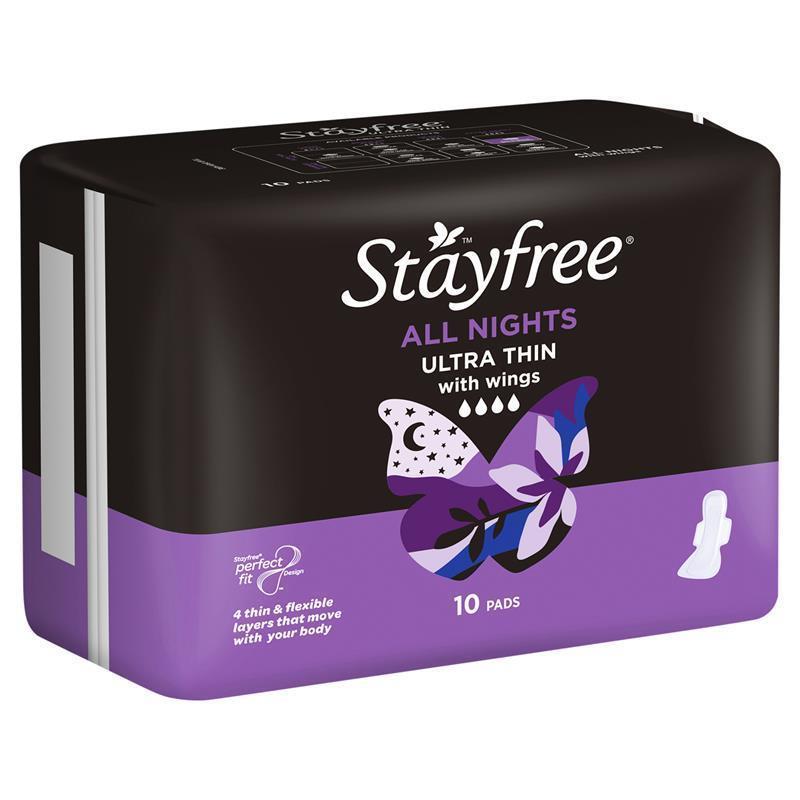 Stayfree All Night Ultra Thin Pads with Wings, 10-Pack, Advanced Leak Protection