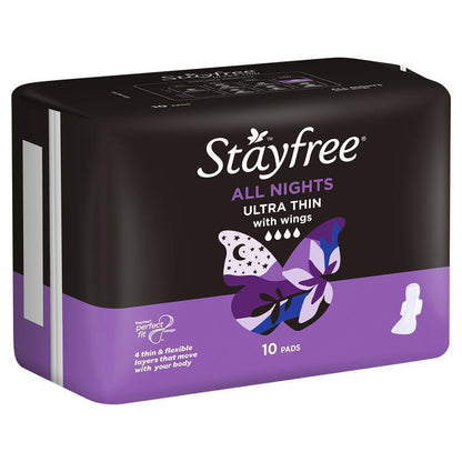 Stayfree All Night Ultra Thin Pads with Wings, 10-Pack, Advanced Leak Protection