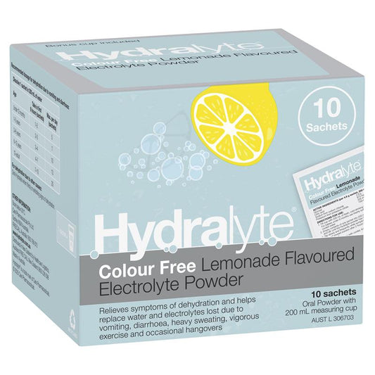 Hydralyte Electrolyte Powder - Colour Free Lemonade - 4.9g x 10 Sachets - Auzzistore