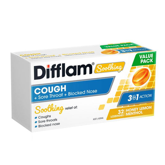 Difflam Soothing Cough + Sore Throat + Blocked Nose Lozenges - Honey Lemon Flavor (32 Lozenges)