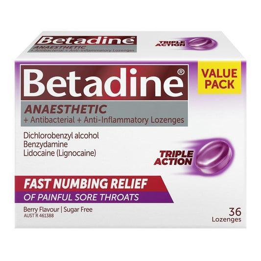 Betadine Sore Throat Anaesthetic Berry 36 Lozenges - Fast Relief