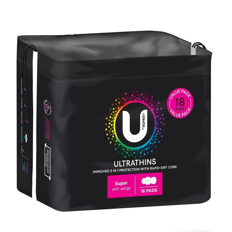 U by Kotex Ultrathin Super Wing Pads with Rapid-Dry Core, 18-Pad