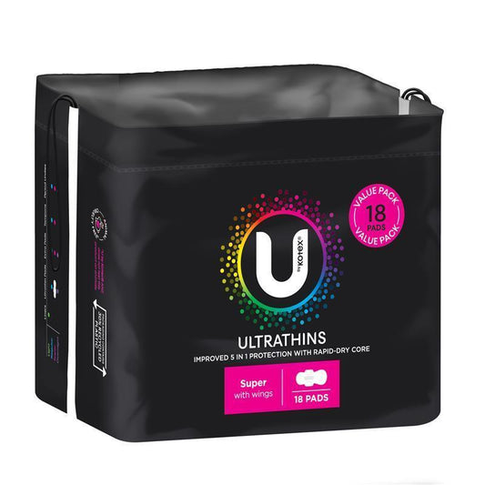 U by Kotex Ultrathin Super Wing Pads with Rapid-Dry Core, 18-Pad