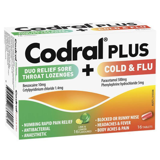 Codral Plus Cold & Flu 16 Tablets + Sore Throat 16 Lozenges - Dual Relief-Auzzi Store