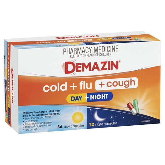 Demazin Cold + Flu + Cough Day + Night 48 Capsules - Comprehensive Relief