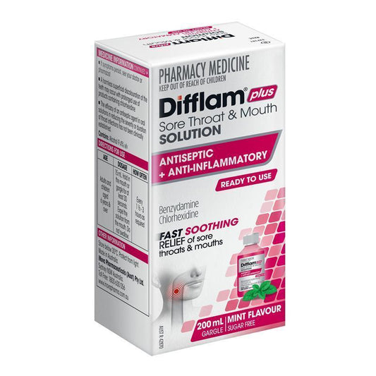 Difflam Plus Sore Throat & Mouth Solution Mint 200ml - Dual Action Relief-Auzzi Store