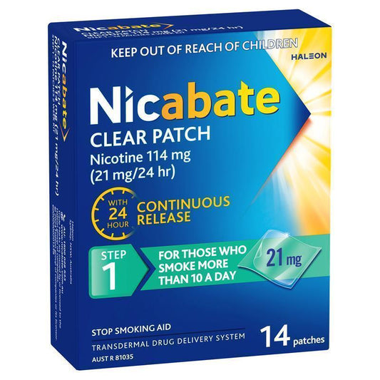 Nicabate Clear Patch Quit Smoking Step 1 21mg - 14 Patches Value Pack-Auzzi Store