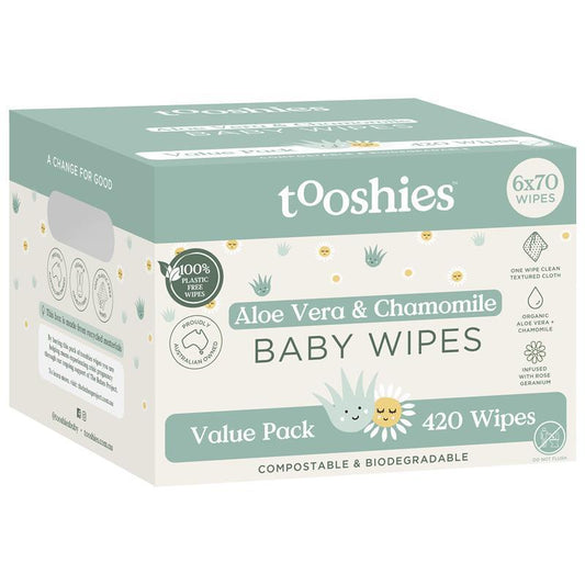Tooshies Baby Wipes Aloe Vera and Chamomile 6 x 70 Pack - Gentle Care for Your Baby - Auzzi Store