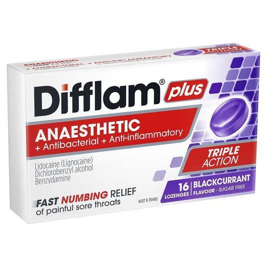Difflam Plus Anaesthetic Sugar Free Blackcurrant 16 Lozenges-Auzzi Store