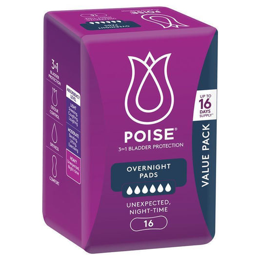 Poise Overnight Bladder Leak Pads – 16 Pads, 3-in-1 Protection