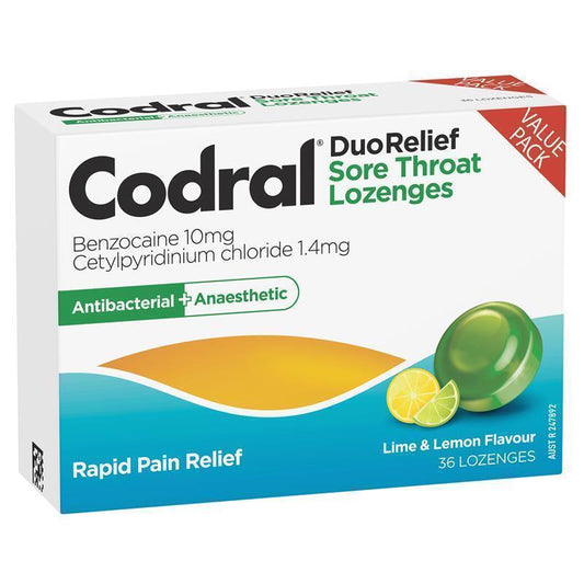 Codral Sore Throat Lozenges Antibacterial + Anaesthetic Lime & Lemon 36 Pack - Fast Relief for Sore Throats-Auzzi Store