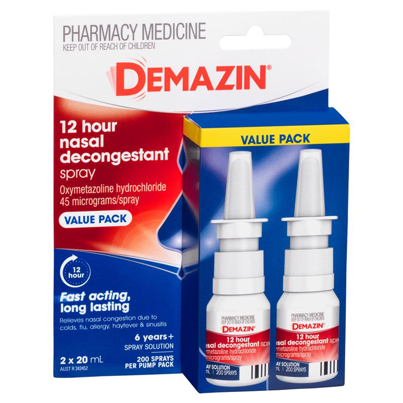 Demazin 12 Hour Relief Decongestant Nasal Spray 2 x 20ml - Long-Lasting Relief
