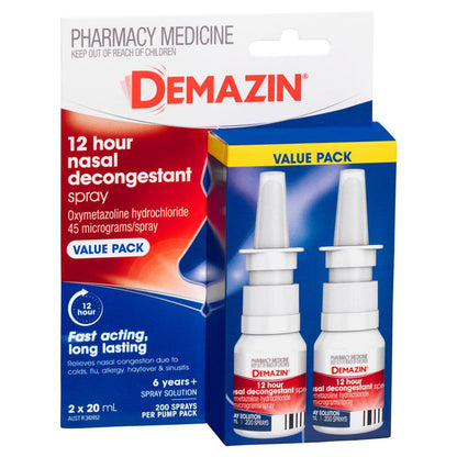 Demazin 12 Hour Relief Decongestant Nasal Spray 2 x 20ml - Long-Lasting Relief