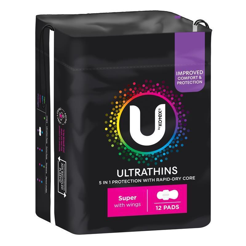 U by Kotex Ultrathin Super Pads with Wings, Rapid-Dry Core, 12-Pack