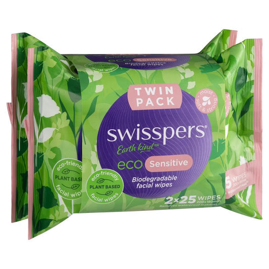 Swisspers Eco Sensitive Biodegradable Facial Wipes - Twin Pack (2 x 25 Wipes) – view 2