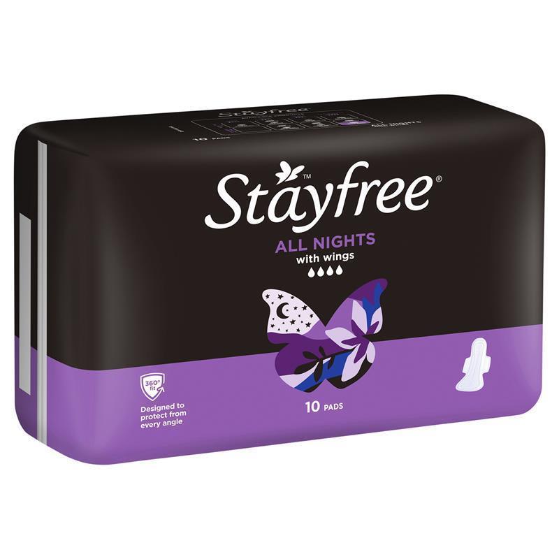 Stayfree All Night With Wings Sanitary Pads, 10-Pack, Leak Protection