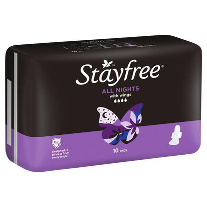 Stayfree All Night With Wings Sanitary Pads, 10-Pack, Leak Protection