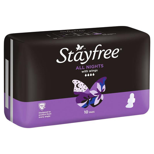 Stayfree All Night With Wings Sanitary Pads, 10-Pack, Leak Protection