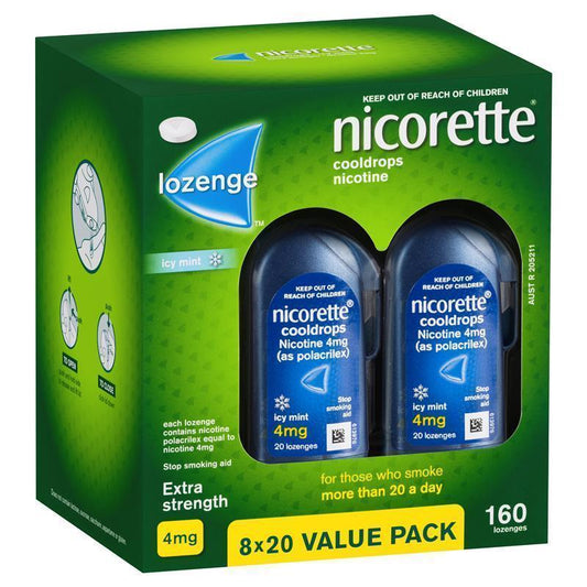 Nicorette Quit Smoking Extra Strength Cooldrops Nicotine Lozenge Icy Mint - 8 x 20 Pack - Auzzi Store