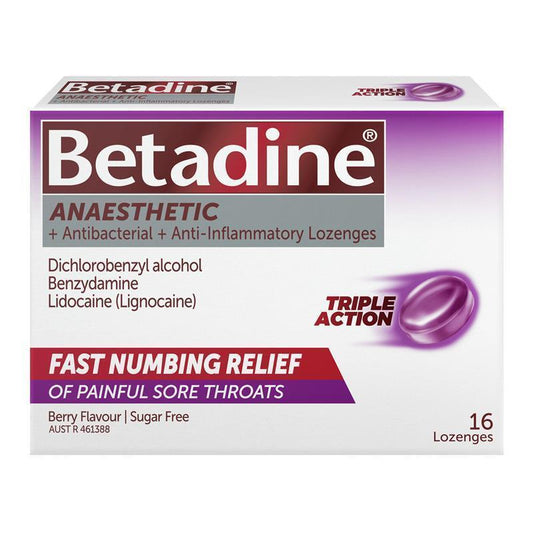 Betadine Sore Throat Anaesthetic Berry 16 Lozenges - Quick Relief - Auzzistore