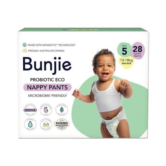 Bunjie Probiotic Eco Nappy Pants Size 5, 13-18kg, 28 Pack - Gentle on Sensitive Skin