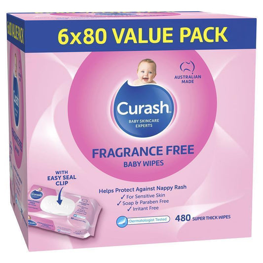 Curash Babycare Fragrance Free Wipes 6 x 80 - Gentle Care for Sensitive Skin-Auzzi Store