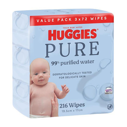 Huggies PURE 99% Water Baby Wipes - Bulk 72x3 Pack