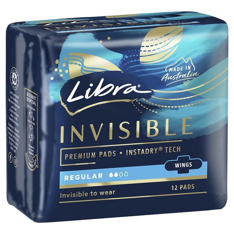 Libra Invisible Body Fit Pads with Wings – Regular Absorbency, 12 Pads
