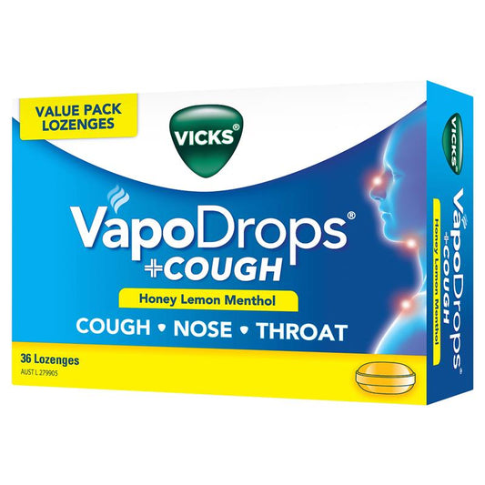 Vicks VapoDrops + Cough Honey Lemon Menthol 36 Lozenges - Soothe Your Throat and Relieve Cough-Auzzi Store