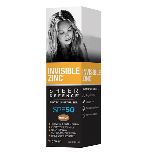 Invisible Zinc SPF 50+ Sheer Defence Tinted Moisturiser Medium 50g - Perfect Balance of Coverage and Protection - Auzzi Store
