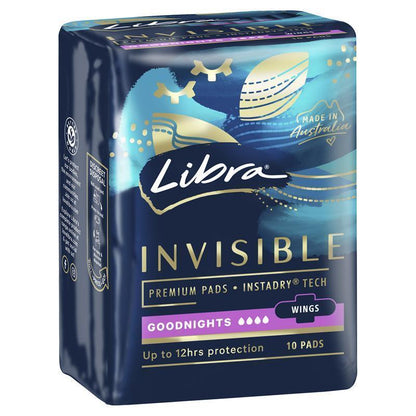 Libra Invisible Goodnight Pads with Wings, 10-Pads 12hr Protection