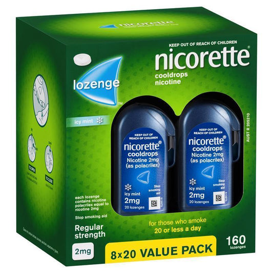 Nicorette Quit Smoking Regular Strength Cooldrops Nicotine Lozenge Icy Mint - 8 x 20 Pack - Auzzi Store