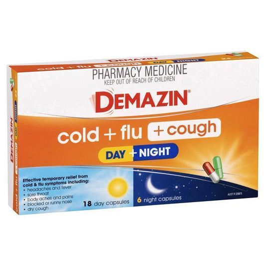 Demazin Cold + Flu + Cough Day + Night 24 Capsules - Fast Relief