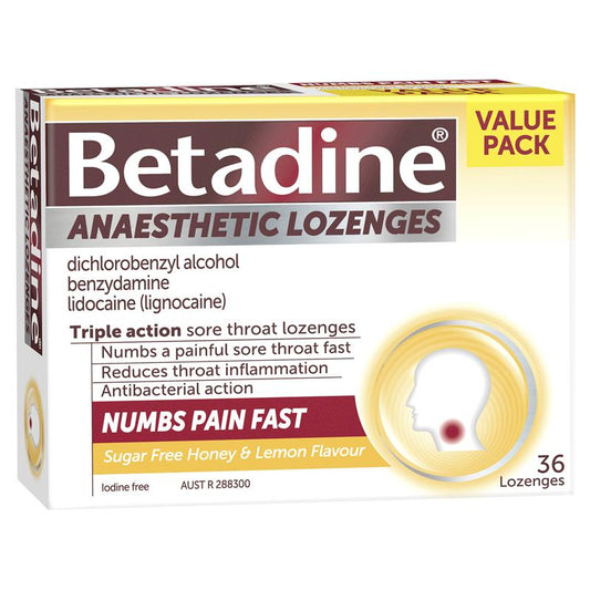 Betadine Sore Throat Lozenges - Anaesthetic Honey & Lemon Flavour (36 Pack)-Auzzi Store