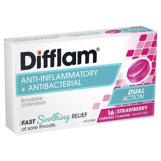 Difflam Sore Throat Lozenges - Sugar Free Strawberry (16 Lozenges)-Auzzi Store