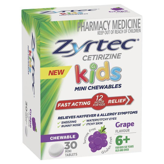 Zyrtec Kids Antihistamine Allergy & Hayfever Chewable Tablets - Grape 30 Pack