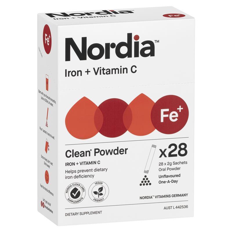 Nordia Iron + Vitamin C Powder - 28 Sachets, Sugar-Free, Supports Blood Health