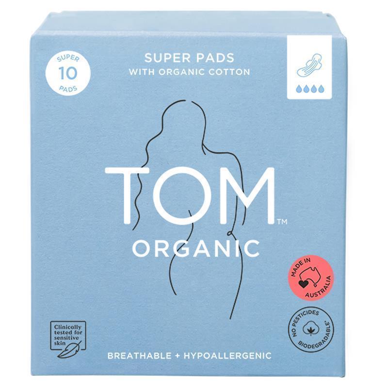 TOM Organic Ultra Thin Cotton Pads - Biodegradable 10 Pads for Heavy Flow
