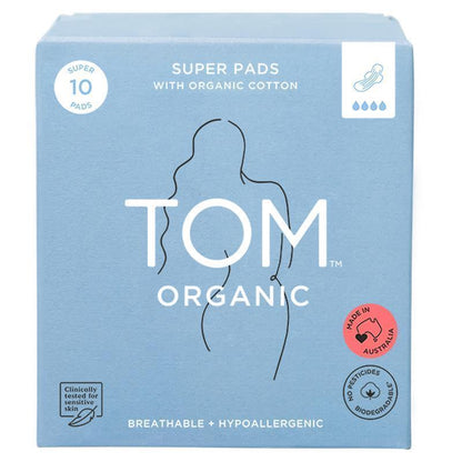TOM Organic Ultra Thin Cotton Pads - Biodegradable 10 Pads for Heavy Flow