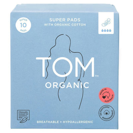 TOM Organic Ultra Thin Cotton Pads - Biodegradable 10 Pads for Heavy Flow