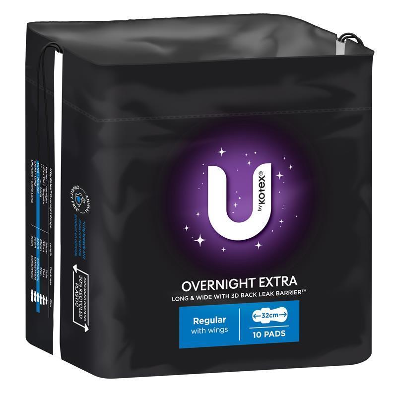 U by Kotex Overnight Extra Pads with 3D Leak Barrier - 10 Pads