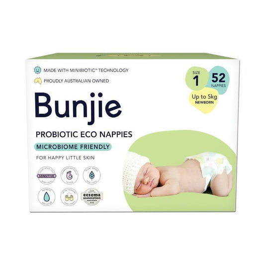 Bunjie Probiotic Eco Nappies Size 1, Up to 5kg, 52 Pack - Eco-Friendly Comfort