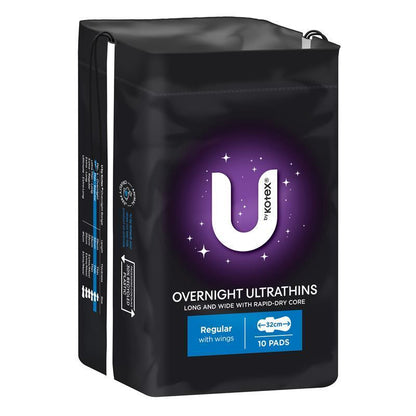 U by Kotex Overnight Ultrathin Regular Pads with Wings, 10 Pads